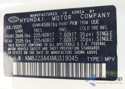 2021 Hyundai Tucson Se z USA, uszkodzony, nr VIN KM8J23A4XMU319045